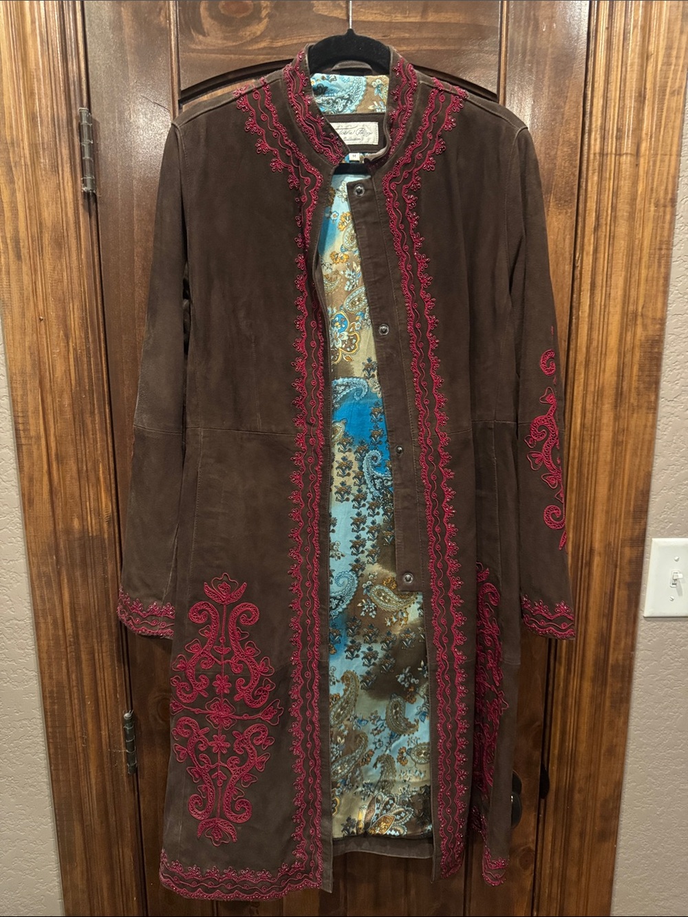 Women's Brown Suede Long Trench Coat with Red Embroidery